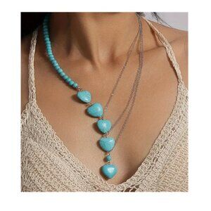 Unique Turquoise & Layered Sterling Silver Chain  Drop Heart Necklace